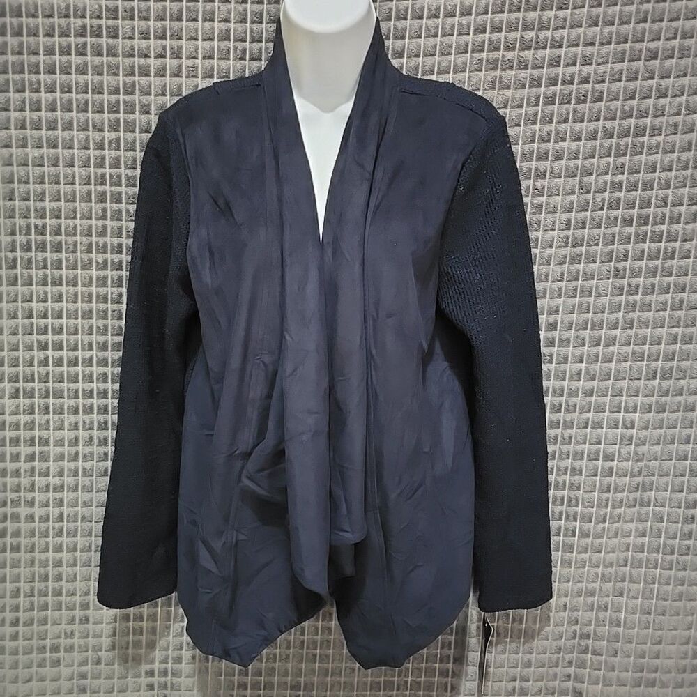 Faux Suede Open Waterfall Cardigan SzM SOFT Navy Blue Knit Lightweight Drape Y2K
